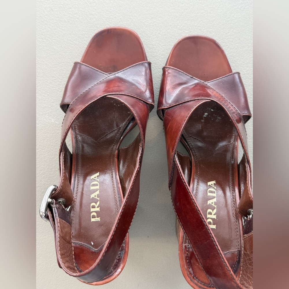Prada Brown Leather Criscross Block Heel platform sandals